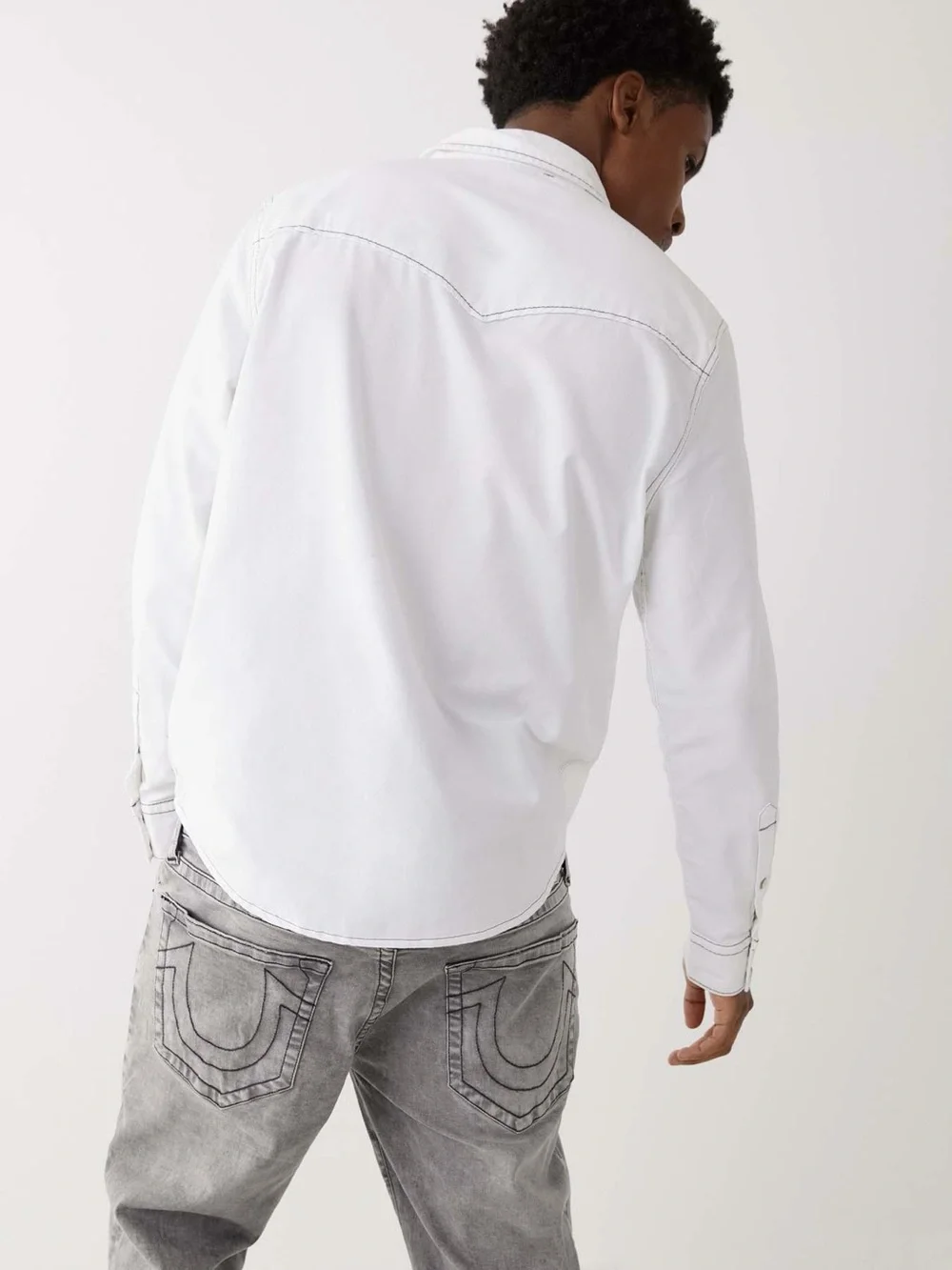 True Religion Big T Western Pearl Snap Shirt White Contrast Stitch 3XL